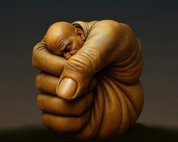 Giant Hand Sculpture Holding a Sleeping Figure