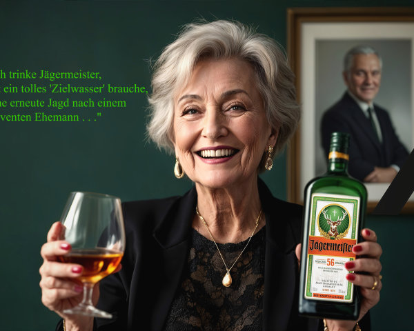 Elderly Woman with Jägermeister in Elegant Setting