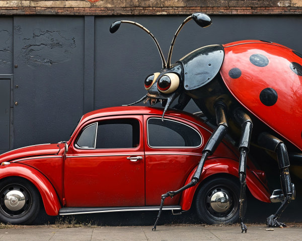 Vibrant Ladybug Mural on Classic Volkswagen Beetle