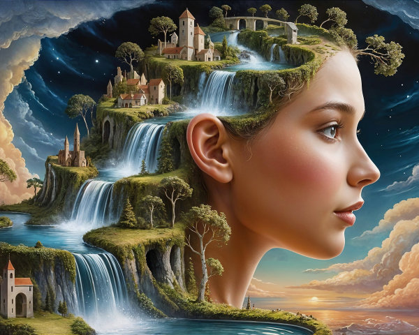 Surreal Landscape Merging with Woman's Profile