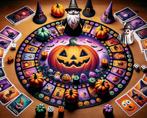 Halloween-Themed Board Game Setup with Pumpkin Centerpiece