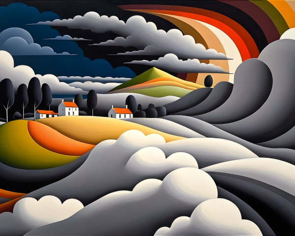 Vibrant Landscape with Bold Colors and Swirling Clouds
