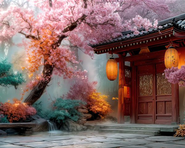 Serene Asian Garden with Cherry Trees and Lanterns