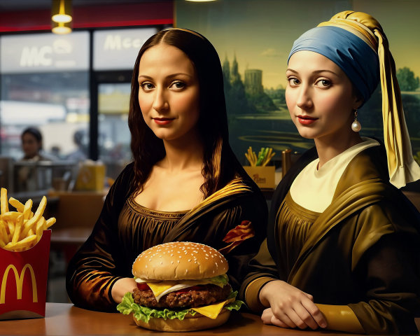 Women in Renaissance Attire with Fast Food Elements