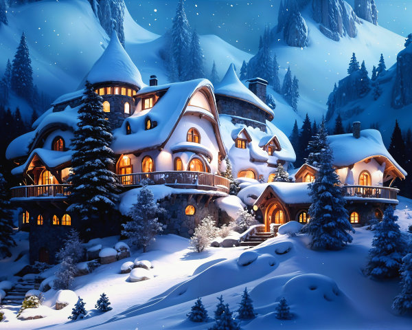 Fantastical winter village in a snow-covered valley