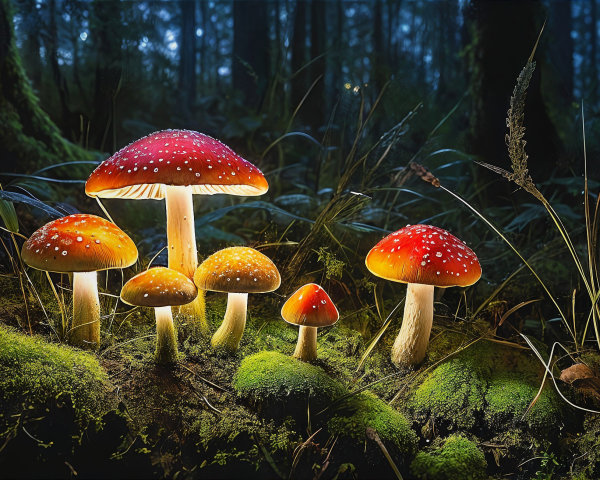 Vibrant Red and Orange Mushrooms in Forest Moss