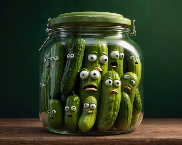 Cartoonish Cucumbers in a Jar with Emotive Faces