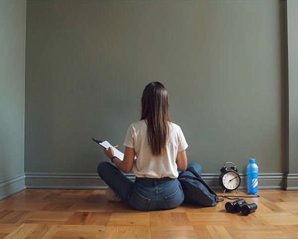 Young Woman Sitting on Floor with Notebook and Backpack