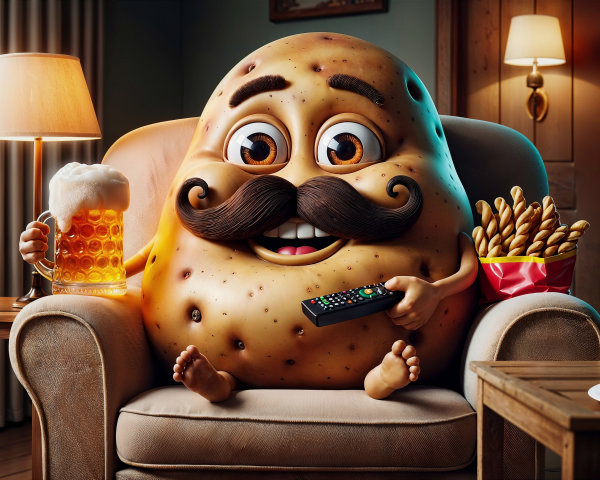 Cartoon Potato Character Relaxing in a Cozy Living Room