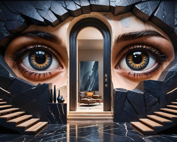 Oversized Eye Mural with Curved Wooden Staircases