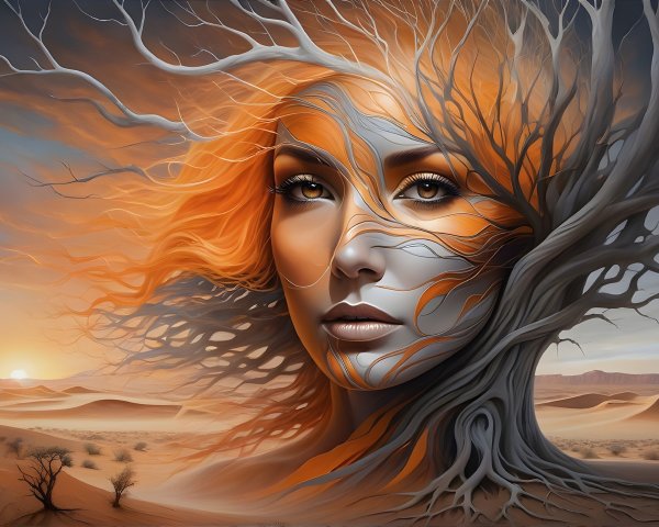 Digital Painting of Woman's Face in Tree Roots and Sunset