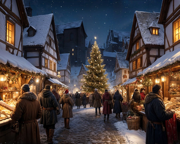 Detailed Night Scene of a Busy Christmas Market