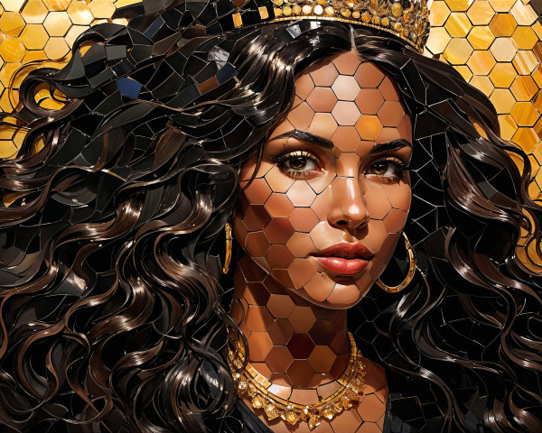 Portrait of a Woman with Curly Hair and Crown