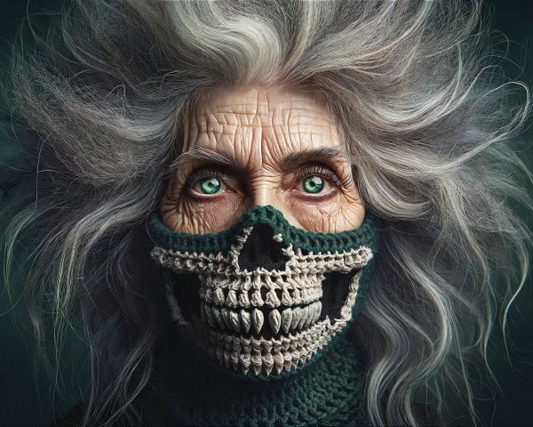 Portrait of a person with gray hair and skull mask