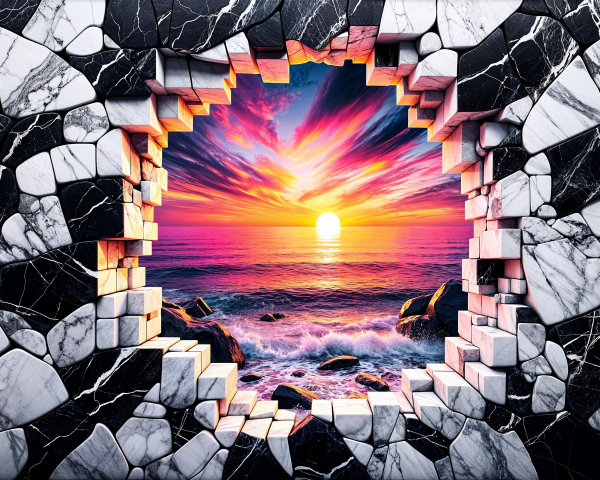 Sunset Over Ocean Through Textured Stone Wall