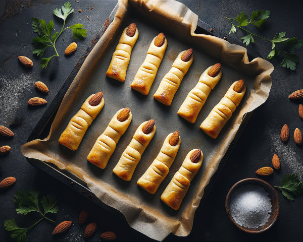Assorted finger-shaped pastries on a baking tray