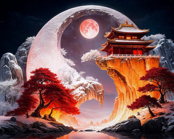 Surreal Landscape with Asian Temple and Vibrant Trees