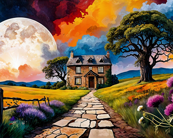 Charming House at Sunset with Vibrant Sky and Moon