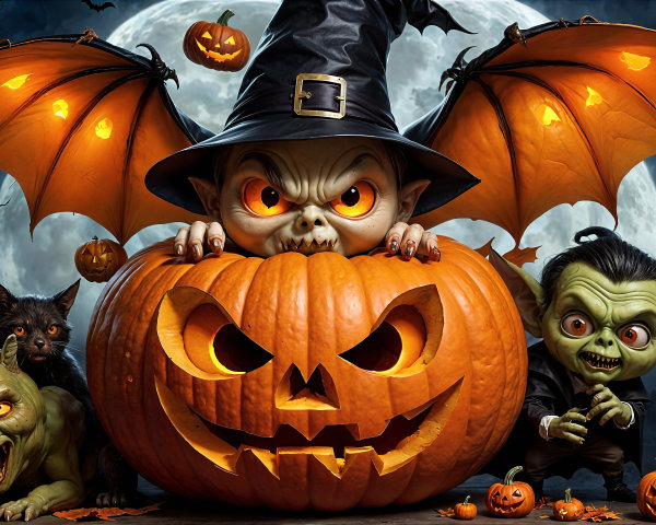 Whimsical Halloween Scene with Goblin and Pumpkin
