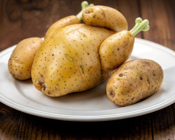 Humorous Potato Chicken on White Plate with Rustic Background