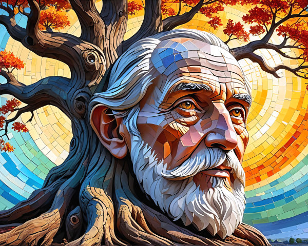 Elderly Man Merged with Tree in Colorful Landscape