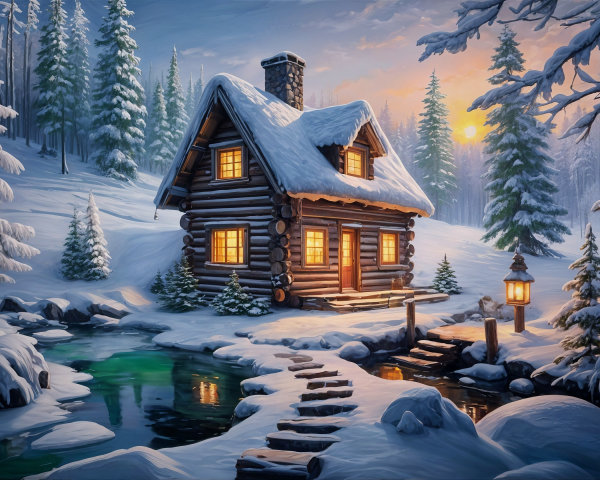 Winter Cabin Scene with Snow-Covered Trees