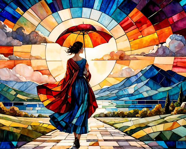 Stained Glass Scene of Woman with Umbrella and Nature