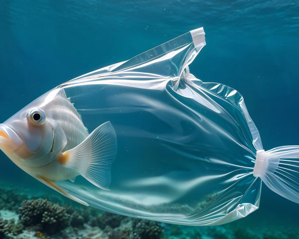 Surreal Underwater Scene of Fish in Plastic Bag