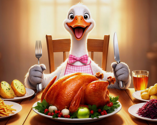 Cartoon Duck at Thanksgiving Table with Roasted Turkey