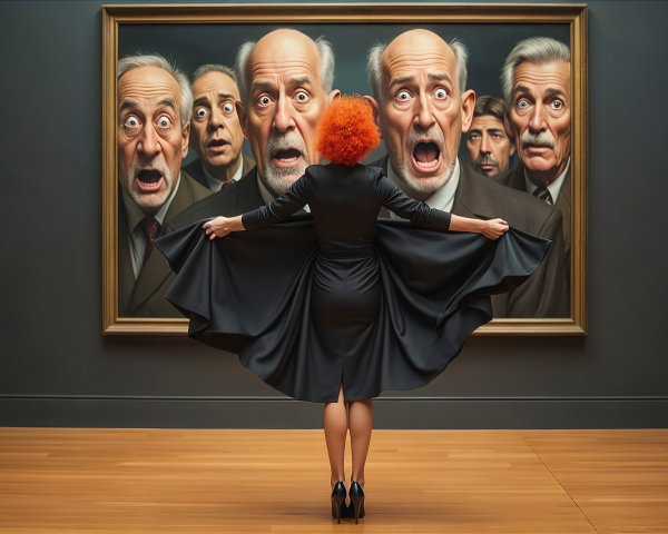 Woman in Black Dress with Orange Hair in Art Gallery