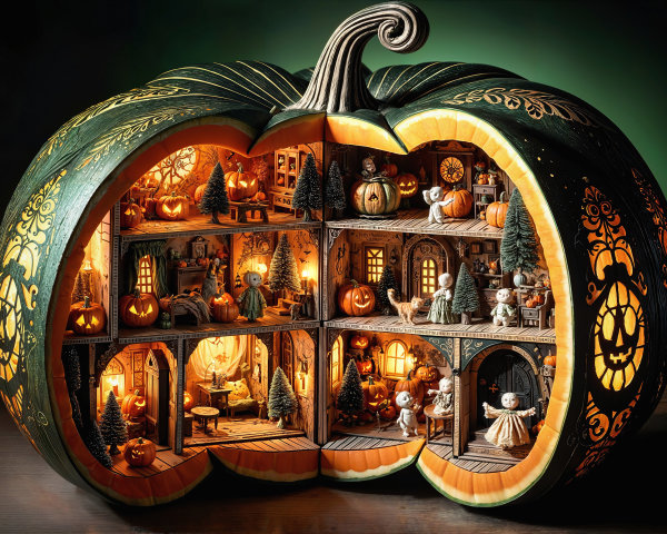 Intricate Halloween Diorama in a Carved Pumpkin
