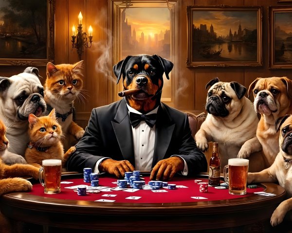 Rottweiler in Tuxedo at Poker Table with Pets