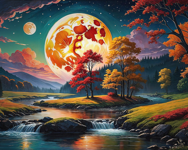 Vibrant Autumn Landscape with River and Moonlit Sky