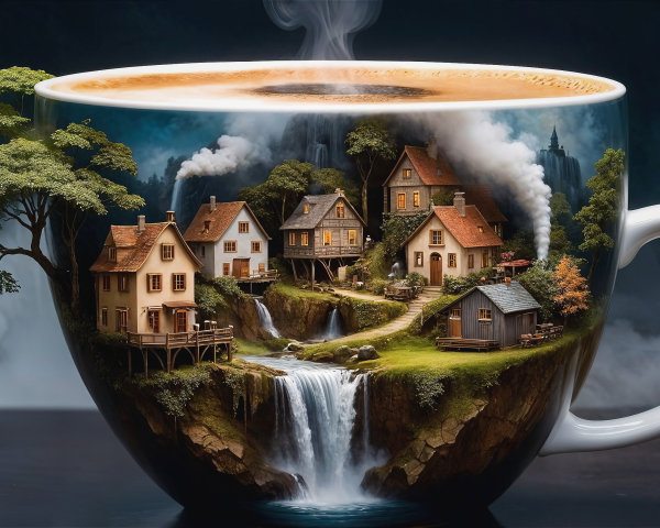 Whimsical Coffee Cup with Charming Cottages and Waterfall
