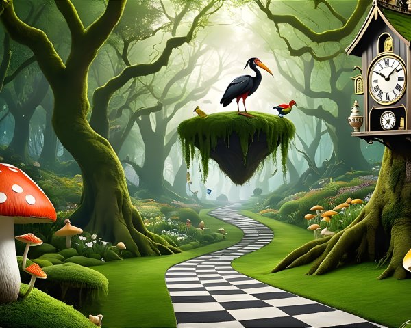 Whimsical Forest Scene with Mossy Trees and Butterflies