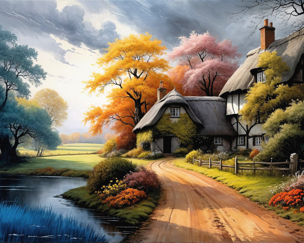 Autumn Landscape with Cottage and Vibrant Foliage