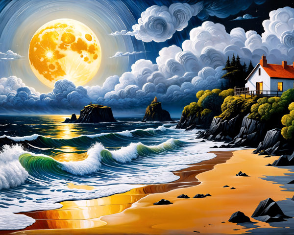 Coastal Dusk Scene with Full Moon and Gentle Waves