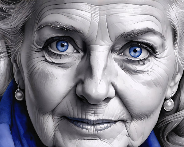 Close-up of an elderly woman with blue eyes and wrinkles
