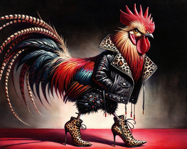Flamboyant Rooster in Stylish Leather Jacket and Boots