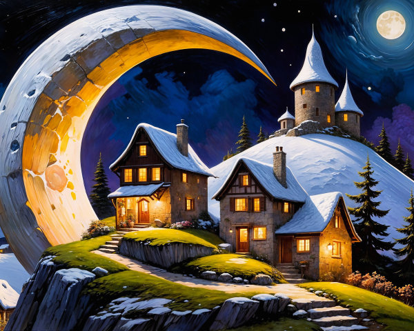 Whimsical Winter Landscape with Crescent Moon and Castle