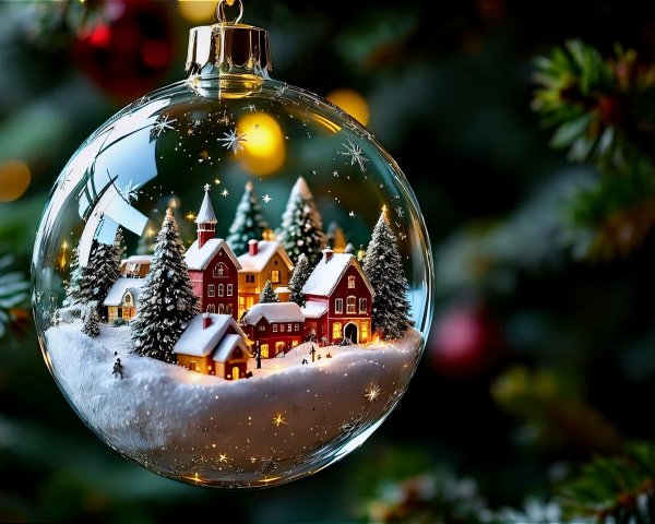 Glass Ornament with Miniature Village on Christmas Tree