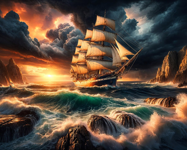Majestic ship navigating turbulent seas and cliffs