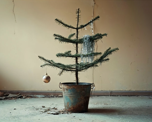 Sparse Christmas Tree in Dimly Lit Barren Room