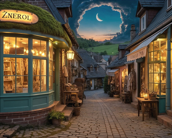 Charming Cobblestone Street with Quaint Shops and Moon