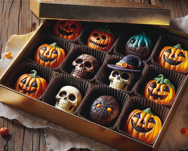 Halloween-Themed Assortment of Chocolates in Gold Box