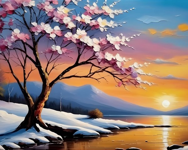 Winter Landscape Oil Painting with Sunset and Lake