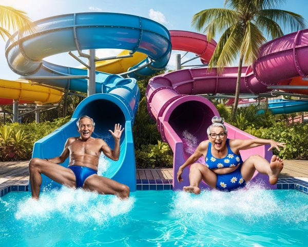 Elderly Couple Enjoying Water Slides and Splashing Water