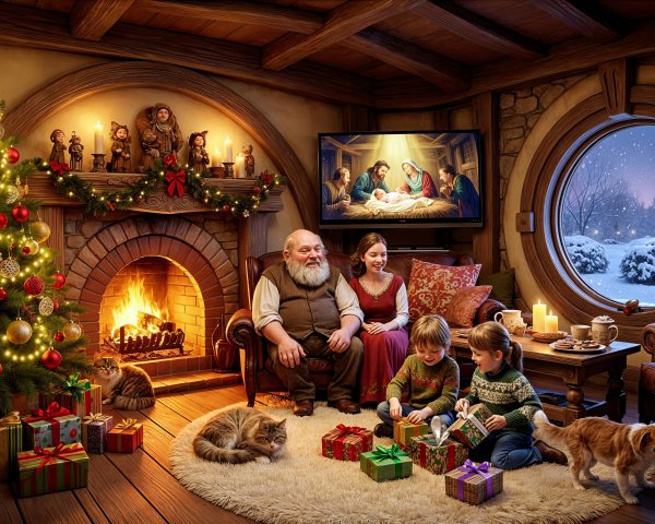 Christmas Decor in a Hobbit Hole Living Room