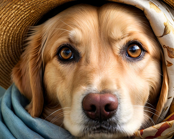 Golden Retriever in Straw Hat and Floral Scarf
