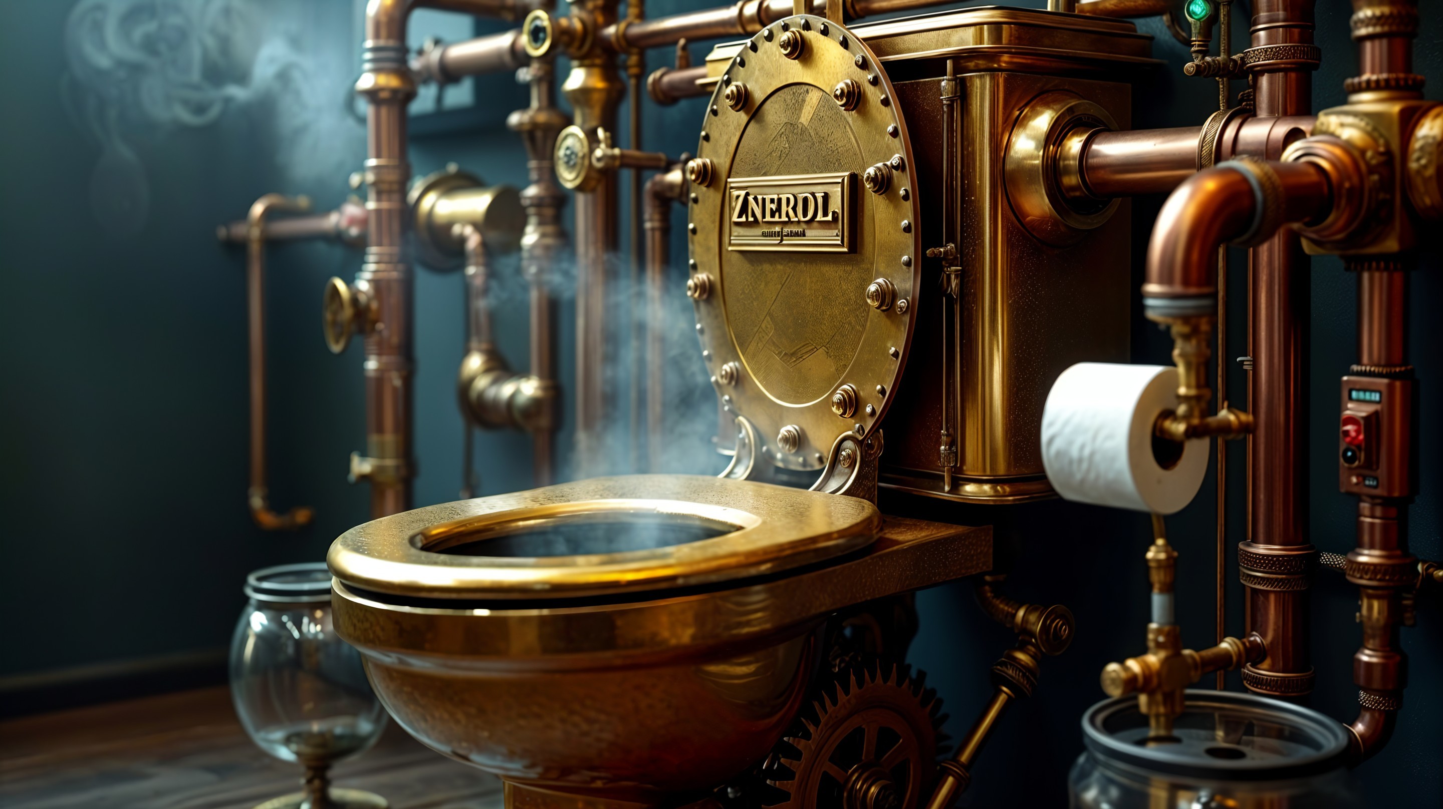 Steampunk-Inspired Toilet with Brass and Gears